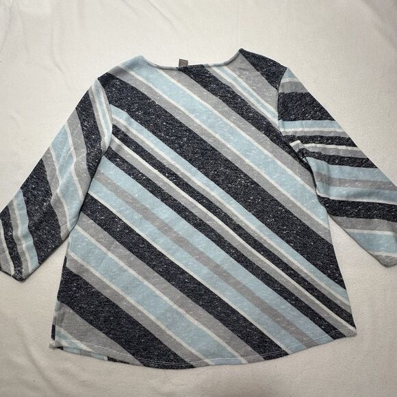 Chico's 2 Women's Large Blue White Diagonal Striped 3/4 Sleeve Knit Top Blouse - Picture 10 of 14